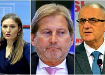 ALbanian Minister of Integration Klajda Gjosha, EU Commissioner Johannes Hahn and Justice Minister Petrit Vasili